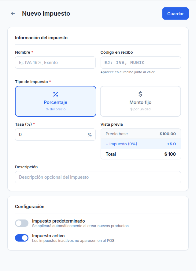 Formulario de nuevo impuesto vacío