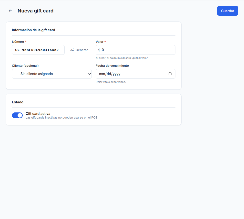 Formulario de nueva gift card vacío