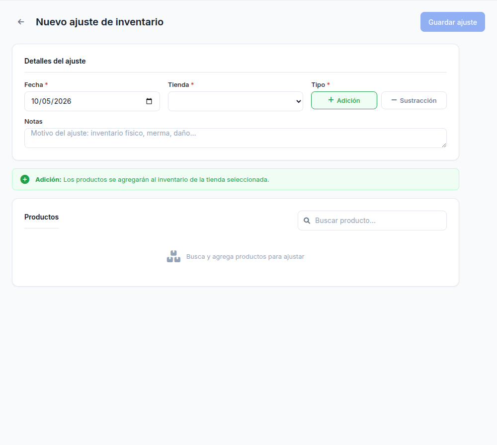 Formulario de nuevo ajuste de inventario vacío