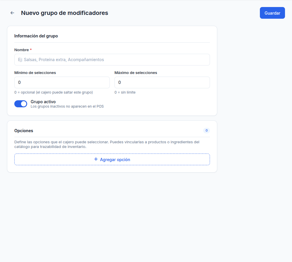 Formulario de nuevo grupo de modificadores vacío