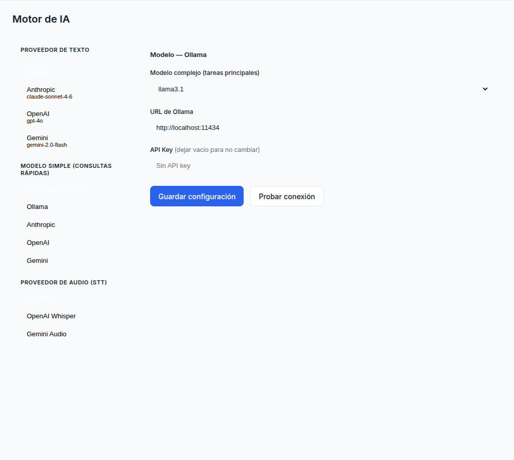 Pantalla de configuración del motor de IA