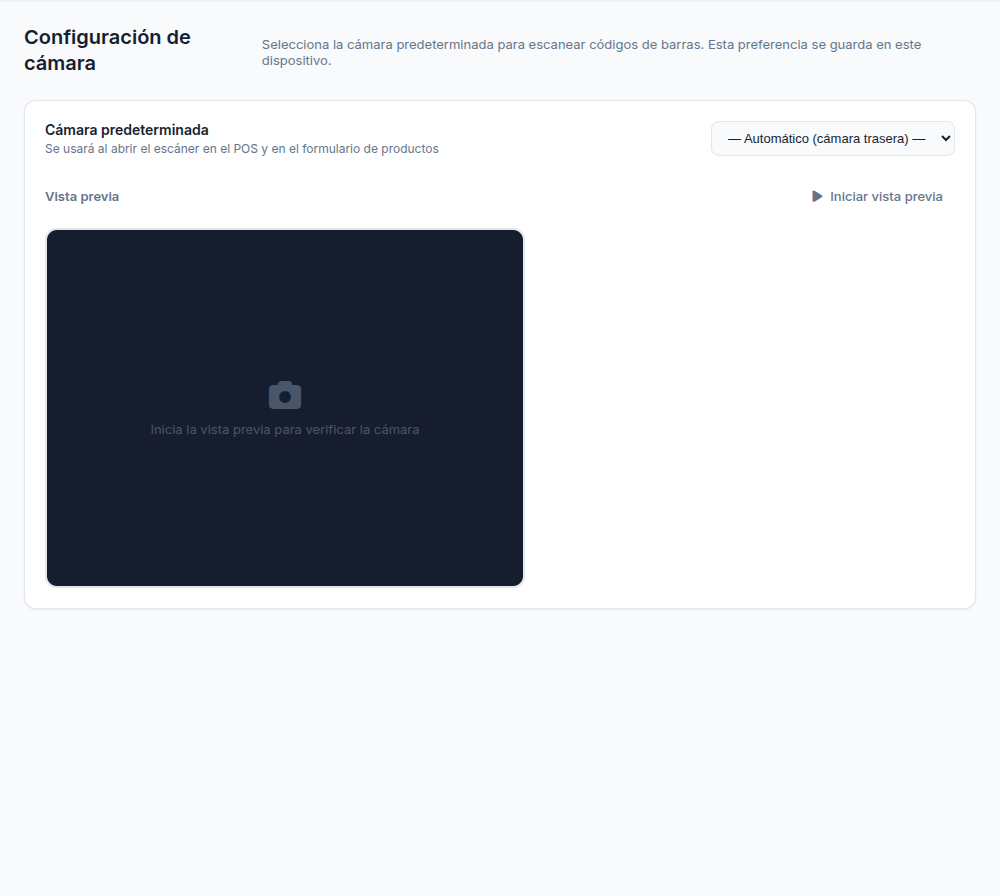 Pantalla de configuración de cámara