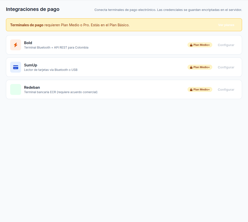 Pantalla de integraciones de pago