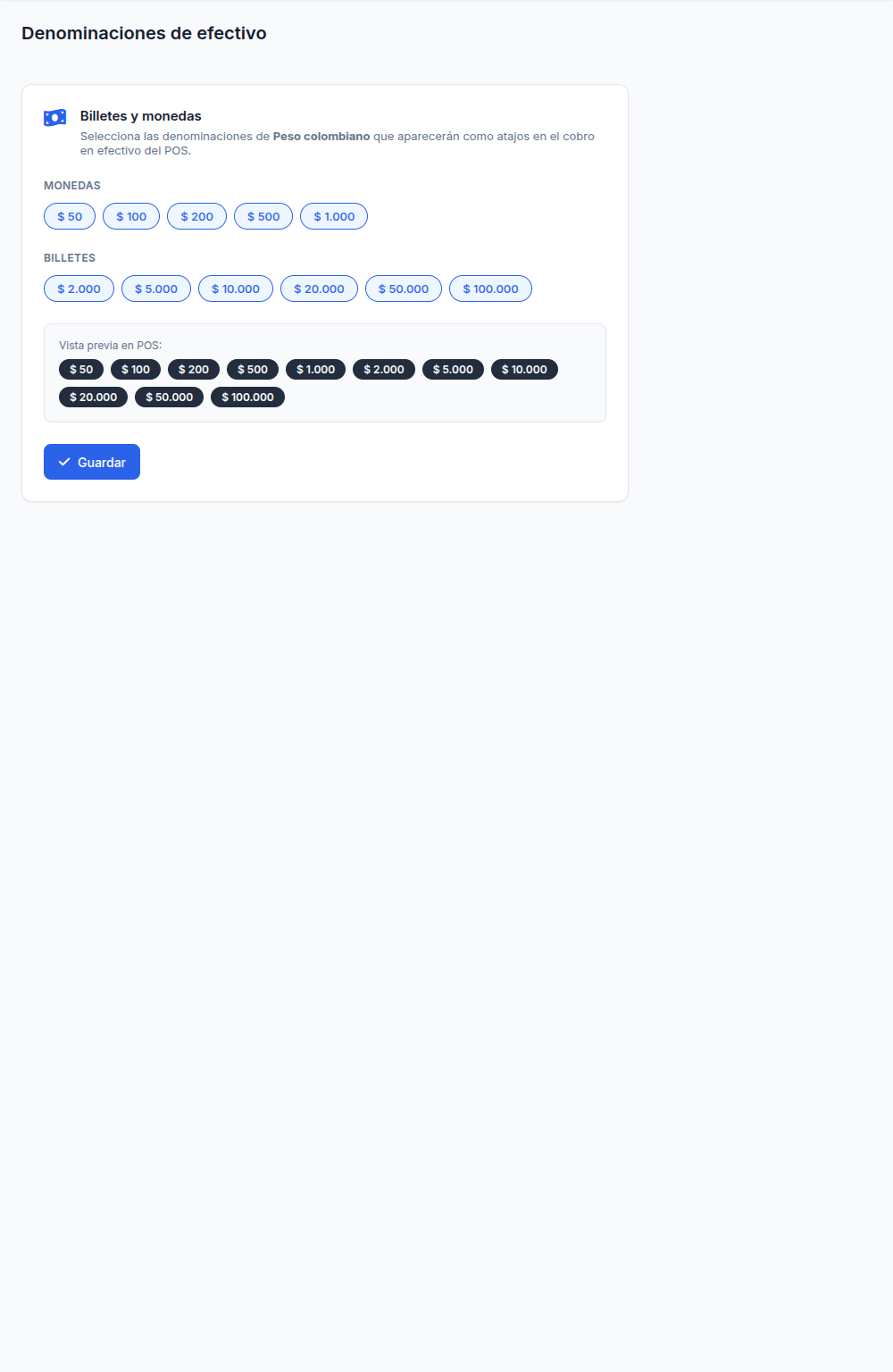 Pantalla de configuración de denominaciones