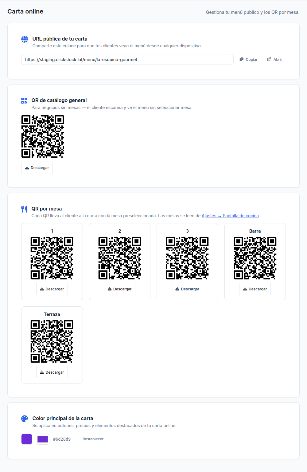 Pantalla de configuración de carta online
