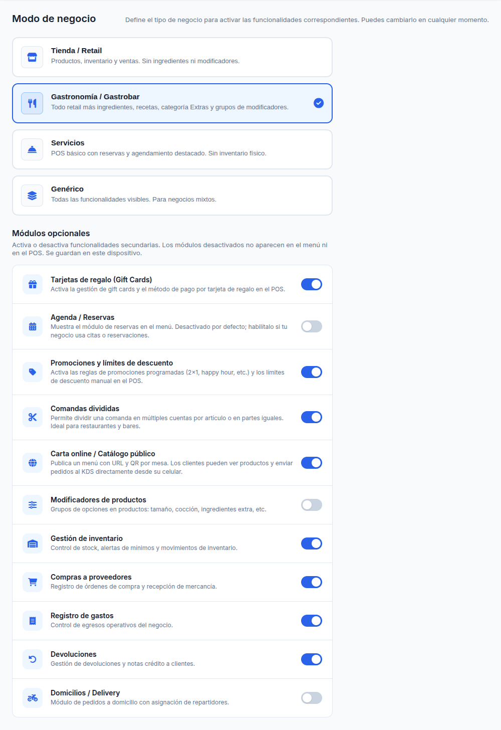 Pantalla de configuración de modo de negocio