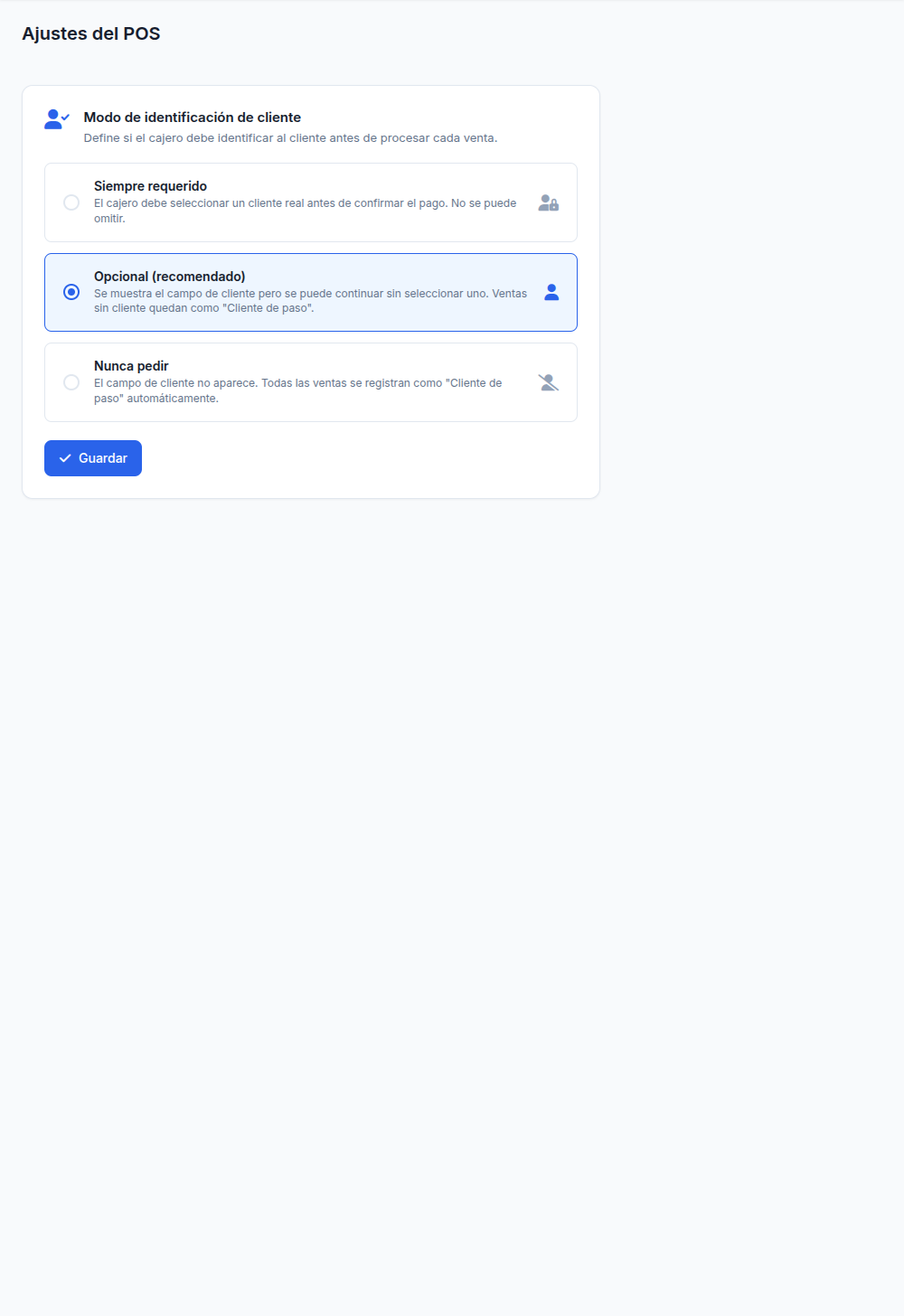 Pantalla de configuración de POS - Cliente