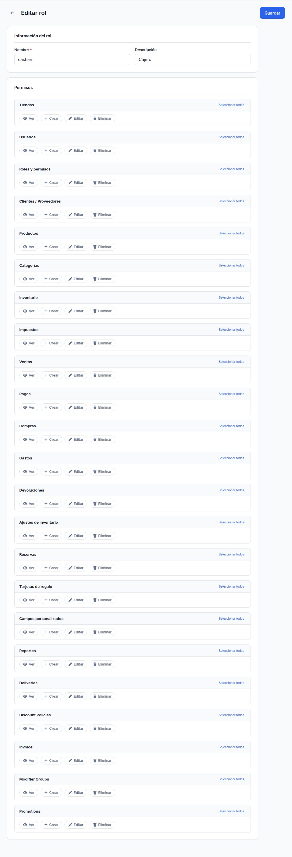 Matriz de permisos al editar un rol