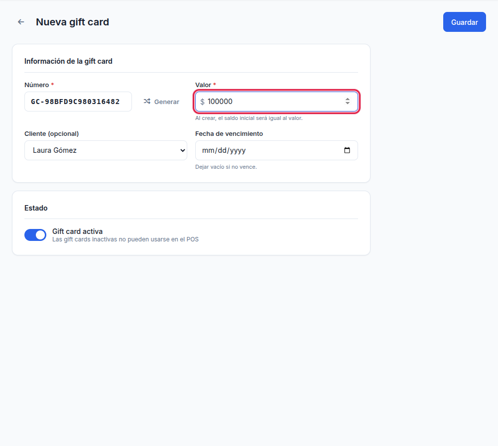 Formulario de gift card lleno con datos de ejemplo