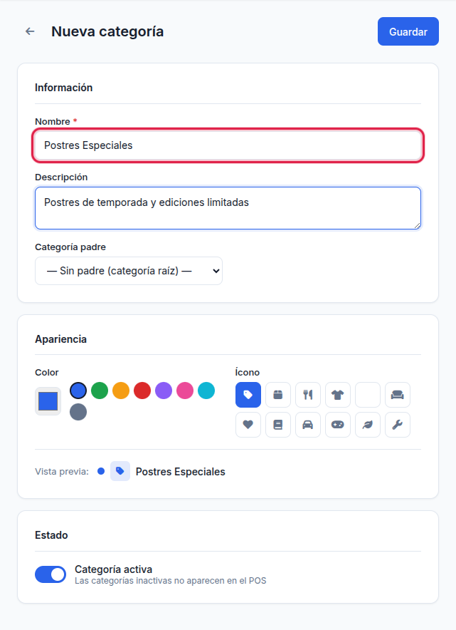 Formulario de nueva categoría lleno con datos de ejemplo