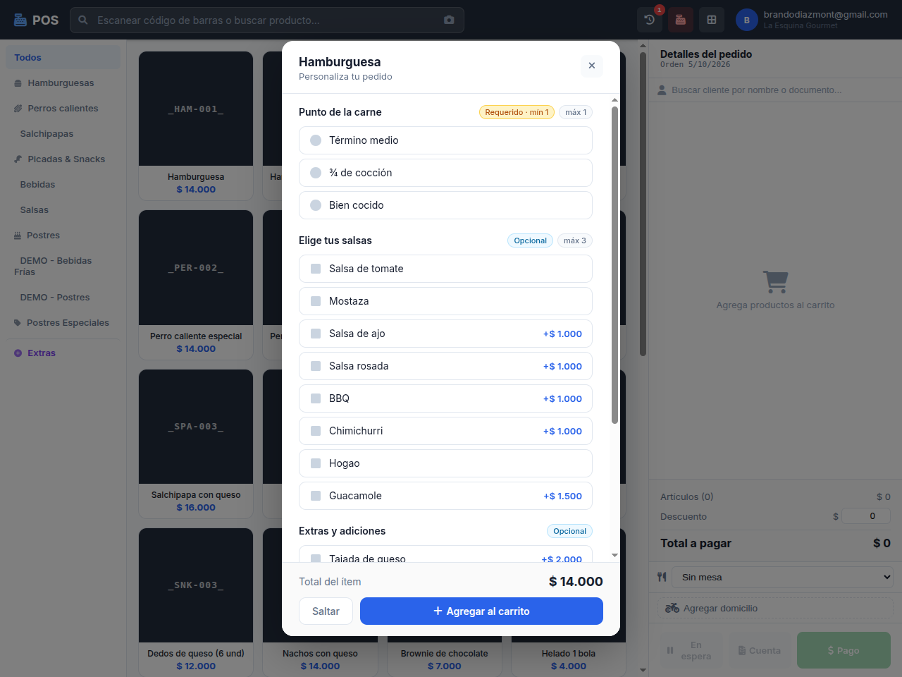 Modal de personalización con grupos de modificadores