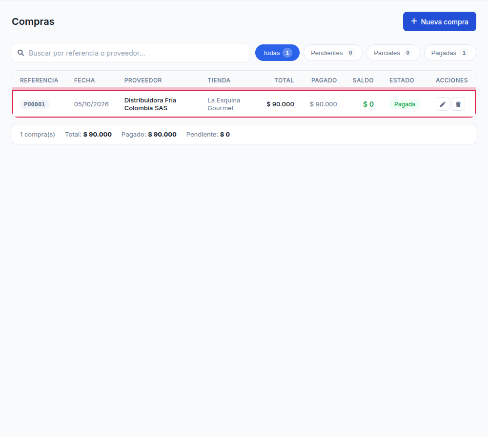 Listado de compras mostrando la compra recién creada