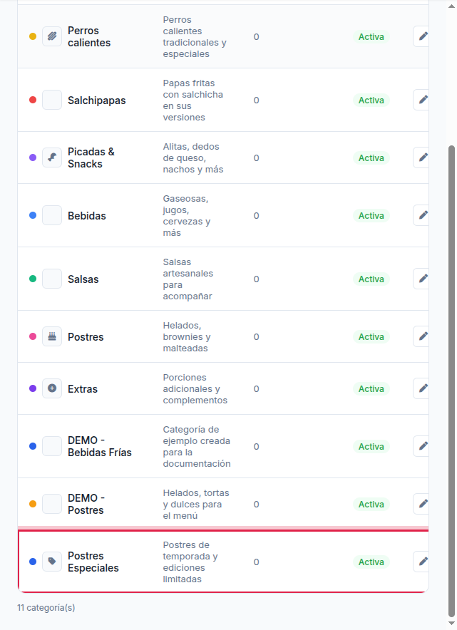 Listado de categorías mostrando la categoría recién creada