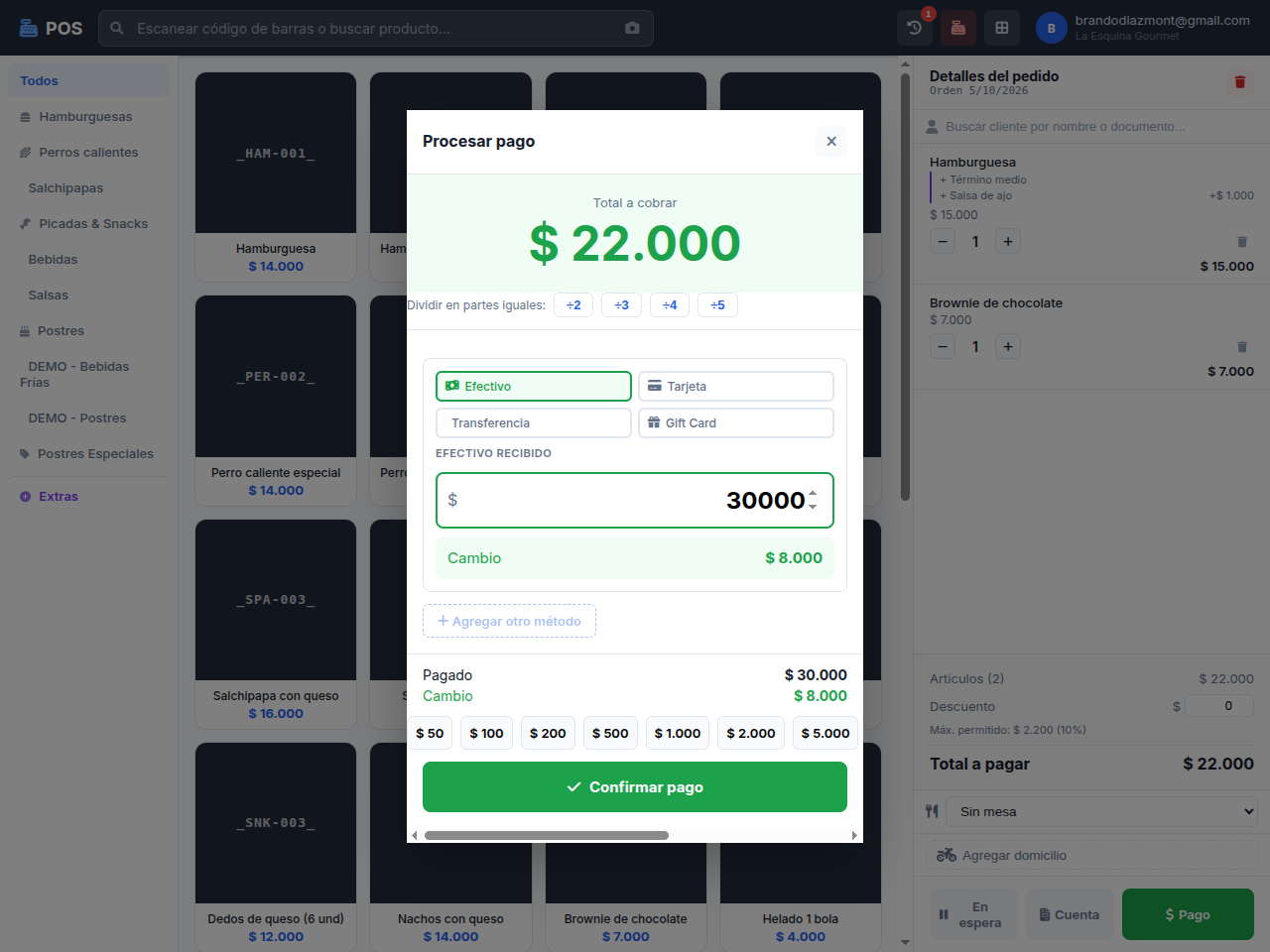 Modal de pago con efectivo recibido y cambio calculado